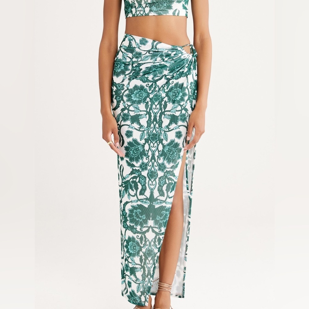 RUMER | Green Floral Side Tie Slit Maxi Skirt | Boho‎ Resort Summer Skirt Size S
